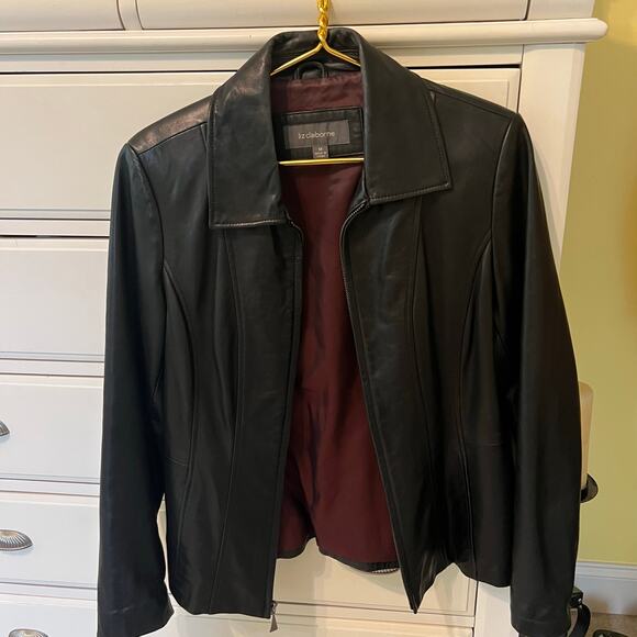 Black Leather Moto Jacket Size Medium EUC Liz Claiborne Full Zip Y2K 90s Friends - Picture 4 of 8